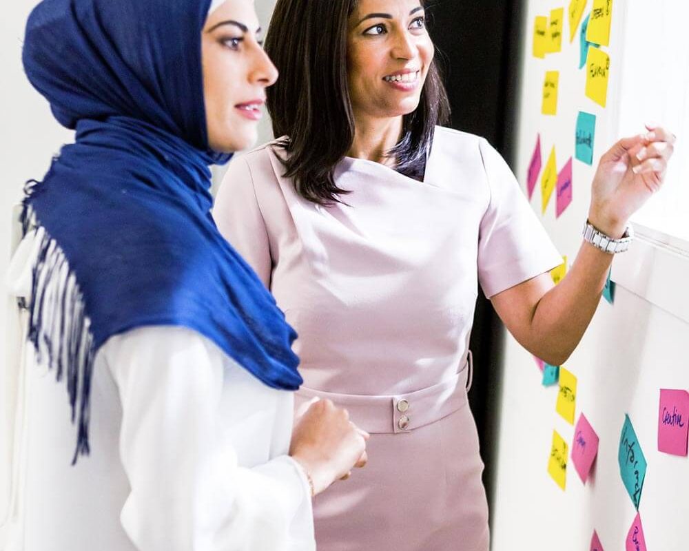 Multicultural women using post-it's in a meeting